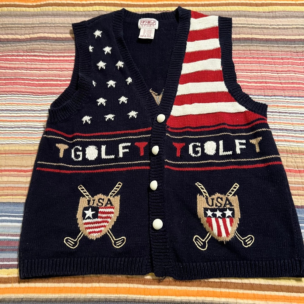Vintage PBJ‎ Sport USA Golf American Flag VEST Knit Patriotic M/M Ramie